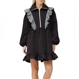 Sandy Liang Bally Black Ruffled Gingham Long Sleeve Dress, Size Small